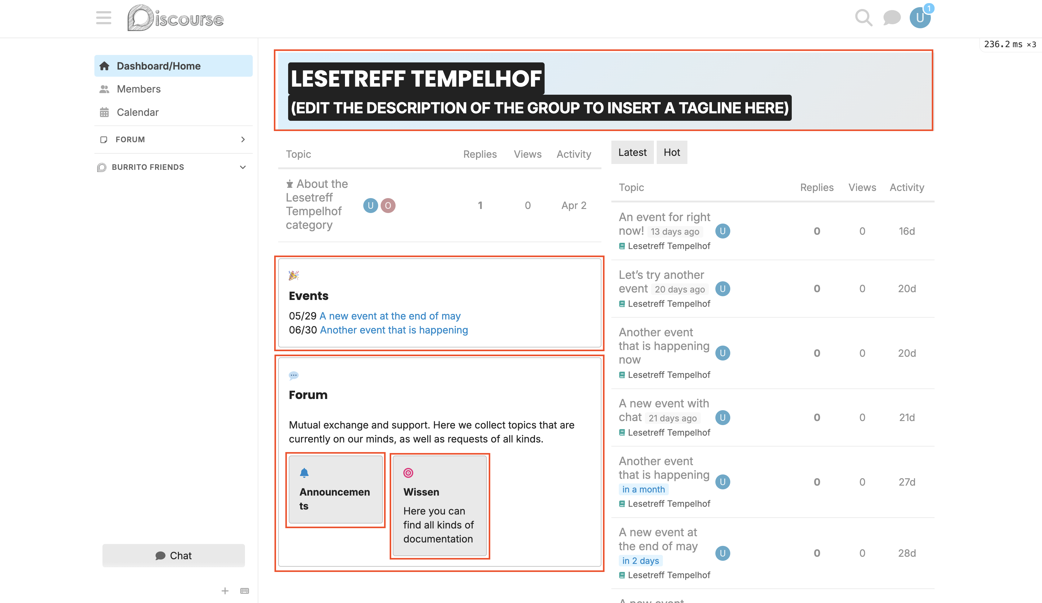 The dashboard page with new components marked in red: header, card and card button components