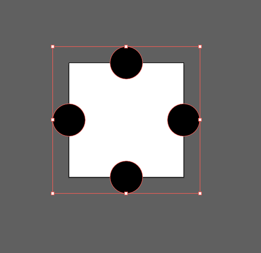 Four black circles, one one each side of a square white artboard, each with half of their area inside and half outside