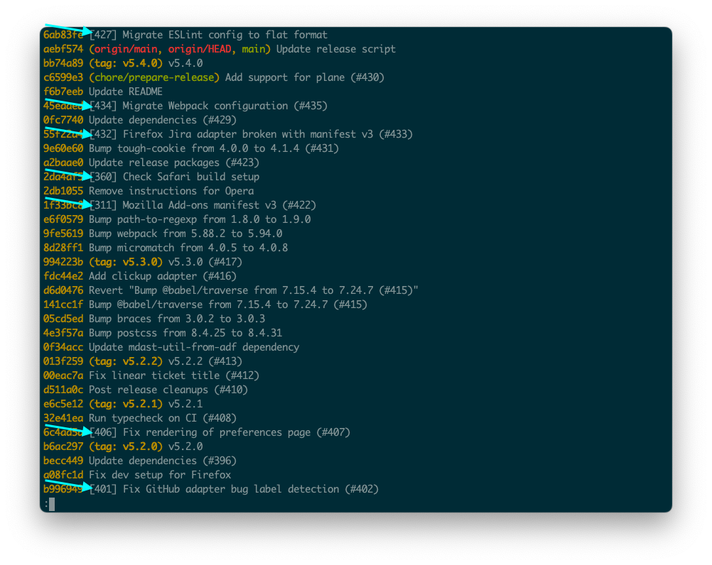 Screenshot of a terminal window showing the Git history with pointers to issue IDs in subjects