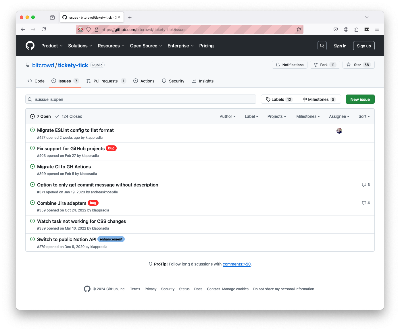Screenshot of browsing the issues page of the Tickety-Tick repository on GitHub