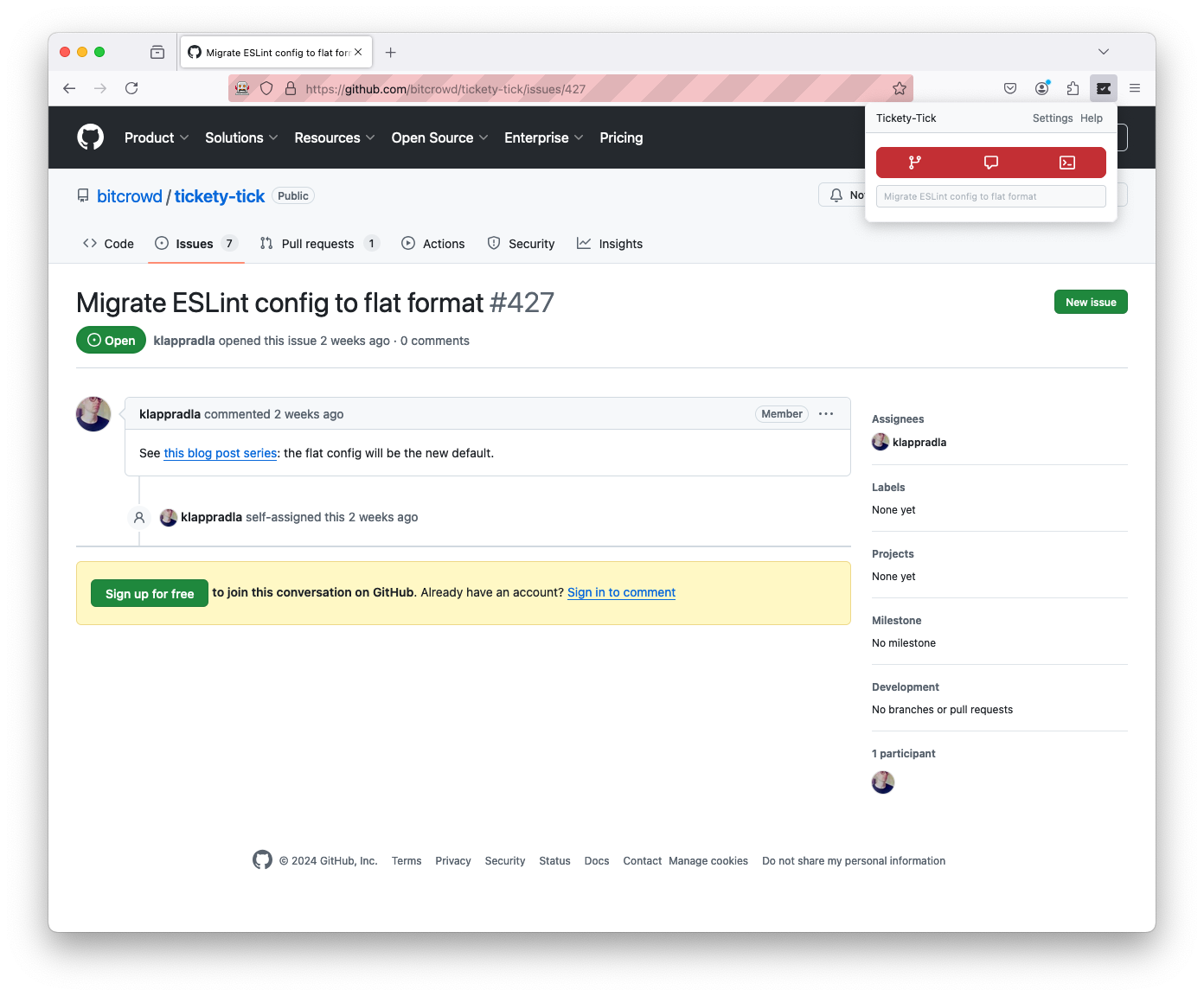 Screenshot of the issue page for ticket number 427 with the title “Migrate ESLint config to flat format” and the Tickety-Tick browse extension popup window open