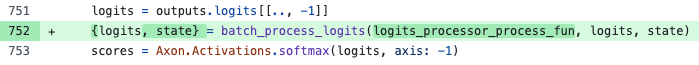 A code snippet showing that state is added to logits processing in bumblebee