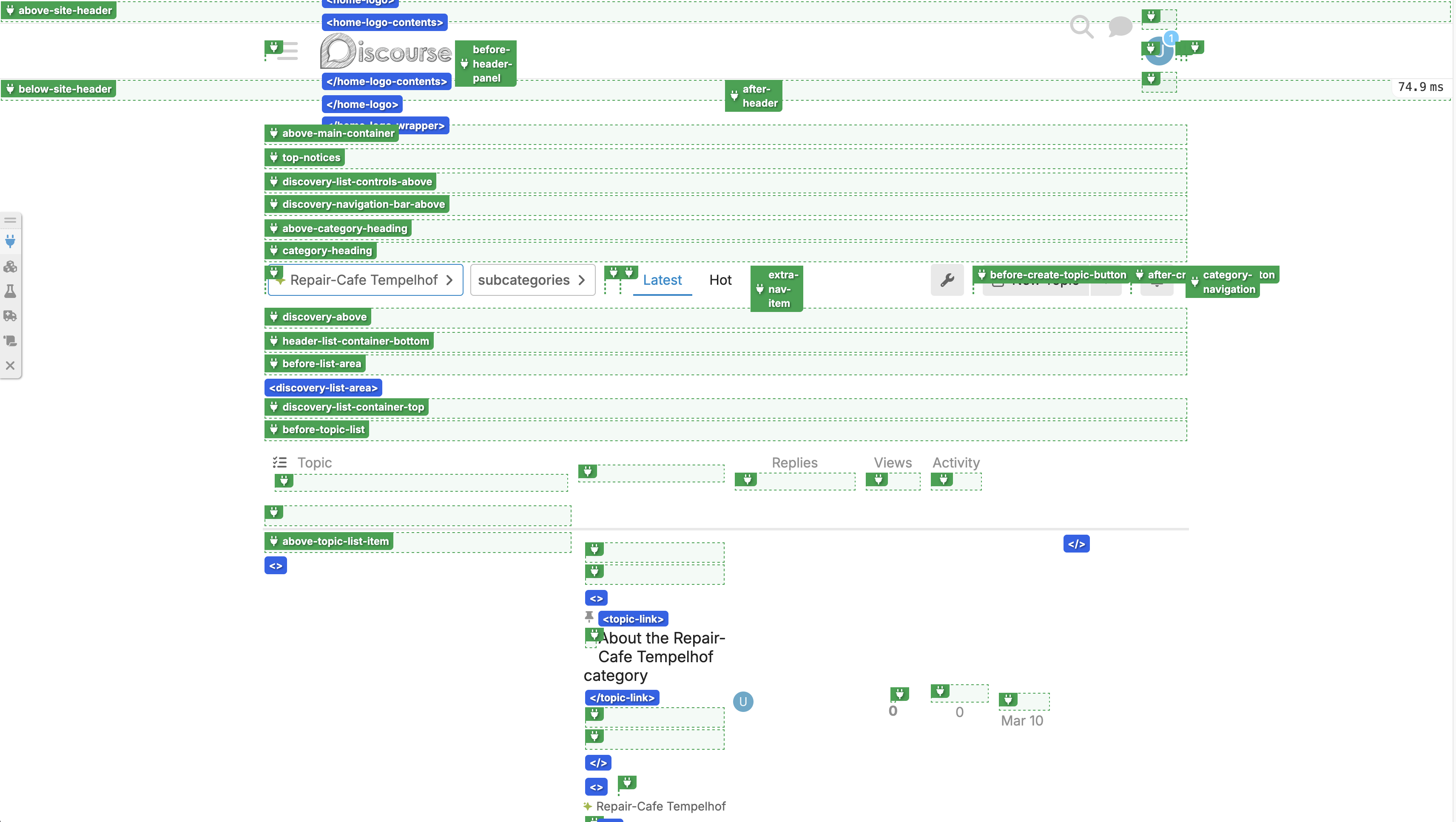A category show page with a lot of markers for plugin outlets