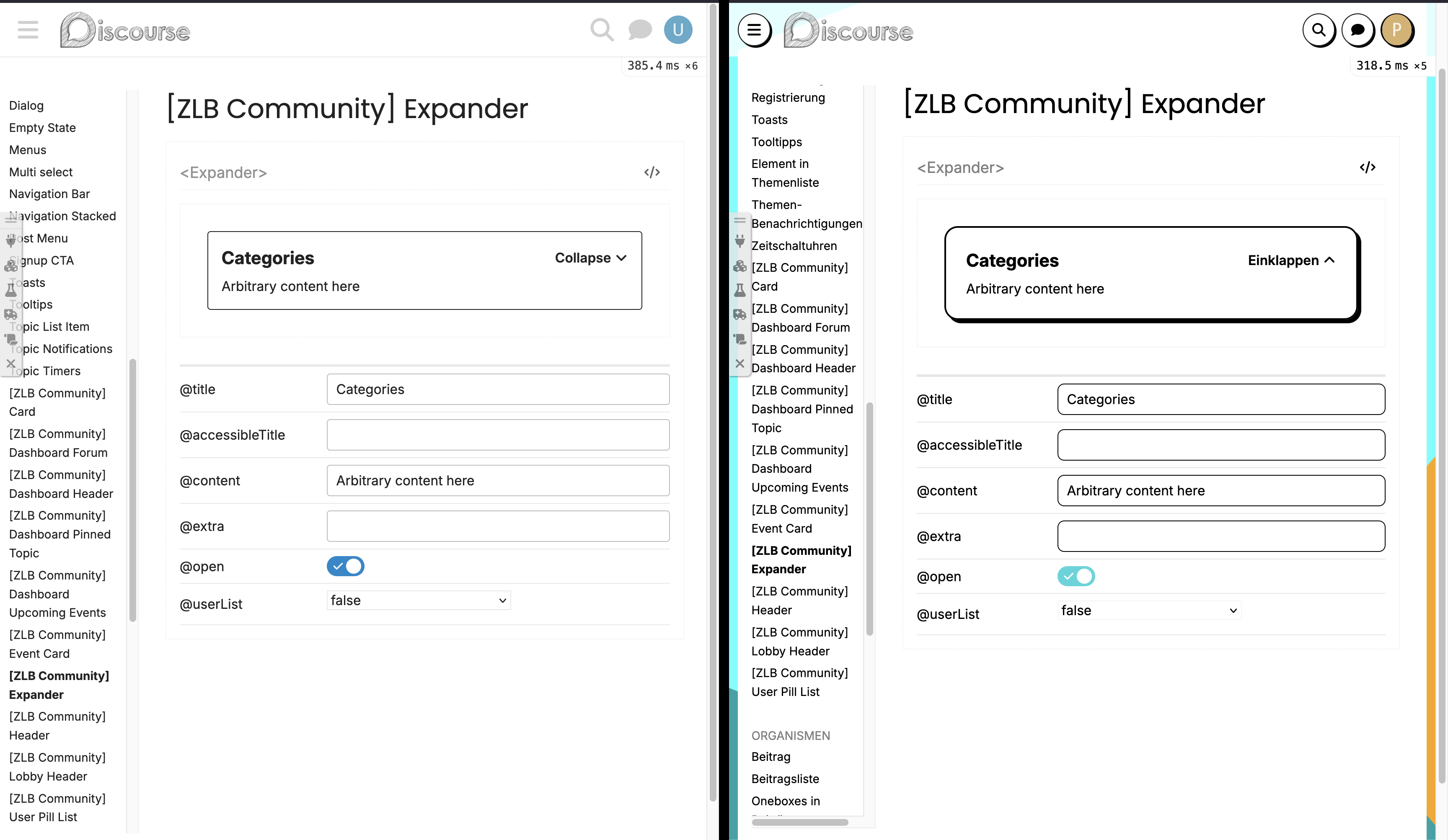 A side by side comparison of the “Expander” component in the Styleguide