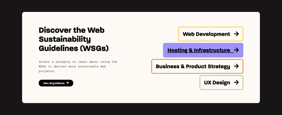 Section of a website Web Sustainability Guidelines with colourful,
high-contrast buttons to select categories including Web Development, Hosting
and Infrastructure, Business Product Strategy, and UX Design. Hosting and
Infrastructure is selected with a purple fill. There is a small button to view
all guidelines at the bottom left which is black with white
text.