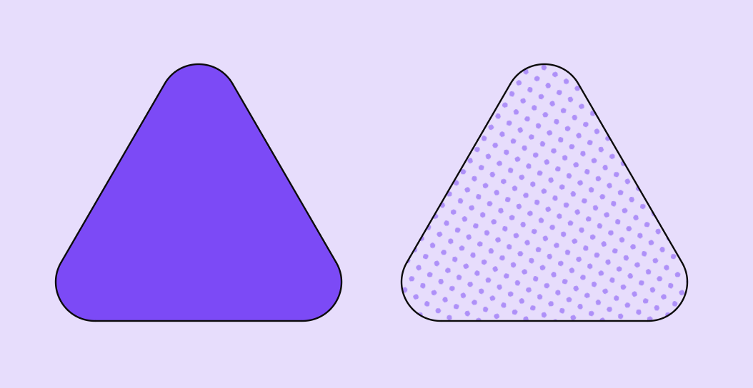 Two rounded-corner triangles next to each other, one with a solid purple fill, the other with a repeated dot pattern